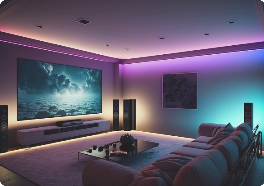 Living room with smart home tech including lights and home cinema